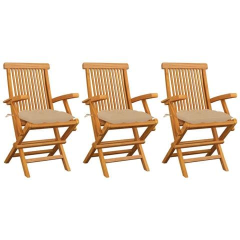 Sedie da Giardino con Cuscini Beige 3 pz Massello di Teak - Foto 1