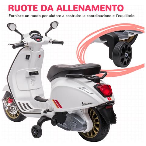 Moto Elettrica per Bambini a Licenza Vespa con Rotelle, Fanale e Musica, in PP e Metallo, 107x47x73 cm, Bianco - Foto 2
