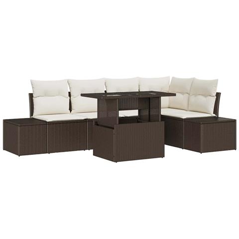 Set da giardino a 6 pezzi con cuscini in polirattan marrone - Foto 1