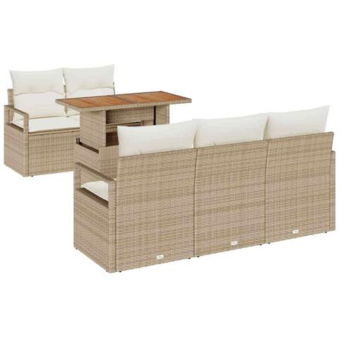 Set di Divani da Giardino  6 Pezzi con Cuscini Beige Rattan Sintetico Acacia, Divano da Giardino  2 Posti con Cuscini Beige Rattan Sintetico - Foto 1