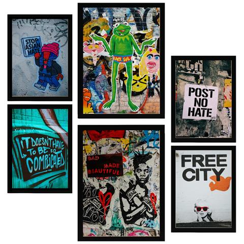 Set Di 6 Stampe Pittura Decorativa, Graffiti, Street Art, Stencil Da Parete A Colori, Con Cornice E Illustrazioni A3 & A4 Cornice Nera - Foto 1