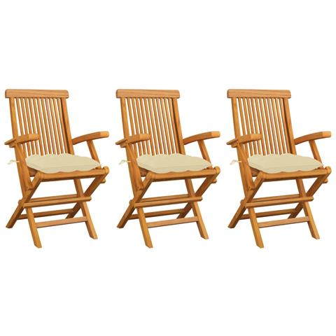 Sedie da Giardino con Cuscini Bianco Crema 3pz Massello di Teak - Foto 1