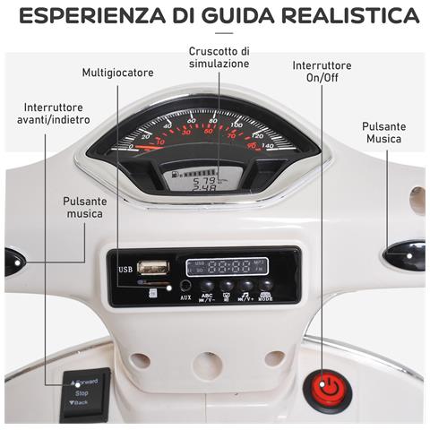 Moto Elettrica per Bambini Design Vespa, Batteria 6V con Suoni e Luci, Età 3-6 Anni, Bianco - Foto 6