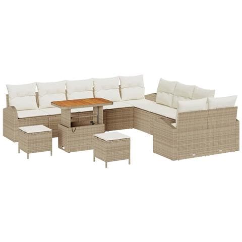 Set divano da giardino  13 pezzi con cuscini in rattan beige e acacia, Divano da giardino  2 posti con cuscini in rattan beige, Set da pranzo da giardino  3 pezzi con cuscini in rattan beige e acacia - Foto 1