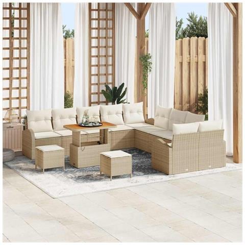 Set divano da giardino  13 pezzi con cuscini in rattan beige e acacia, Divano da giardino  2 posti con cuscini in rattan beige, Set da pranzo da giardino  3 pezzi con cuscini in rattan beige e acacia - Foto 2