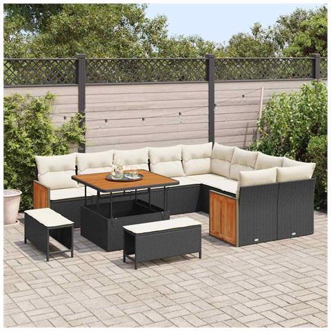 Set Divano da Giardino in 12 Pezzi con Cuscini Nero Rattan Poliestere Acacia,  Set da Pranzo da Giardino in 3 Pezzi con Cuscini Nero Rattan Poliestere Acacia,  Divano da Giardino per Due Persone con Cuscini Nero Rattan Poliestere - Foto 2