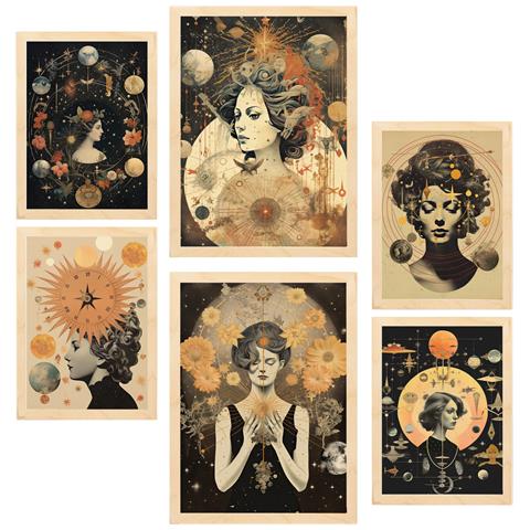 Set Di 6 Stampe Pittura Decorativa, Collage Surreale Con Illustrazioni Incorniciate, Esoteriche, Femminili E Mistiche A3 & A4 Telaio In Legno Chiaro - Foto 1