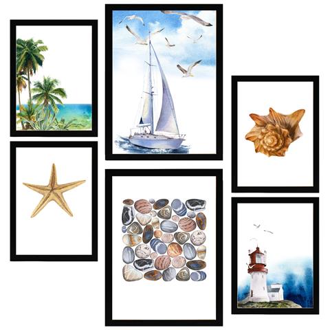 Set Di 6 Stampe Foglio Decorativo Incorniciato Con Composizione Blu Navy E Illustrazione Di Design Per La Decorazione Murale A3 & A4 Cornice Nera - Foto 1