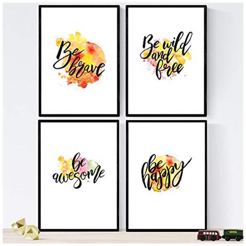 Set Di 4 Stampe Con Messaggi Felice E Colorato. Confezione Di Manifesti 'coraggioso' Senza Cornice A4 - Foto 1