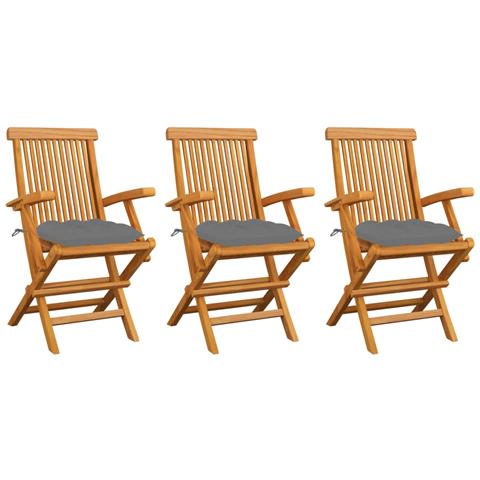 Sedie da Giardino con Cuscini Grigi 3 pz Massello di Teak - Foto 1