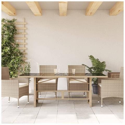 Tavolo Da Giardino Piano In Vetro Beige 190x80x75 Cm Polyrattan - Foto 3