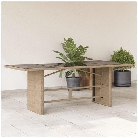 Tavolo Da Giardino Piano In Vetro Beige 190x80x75 Cm Polyrattan - Foto 1