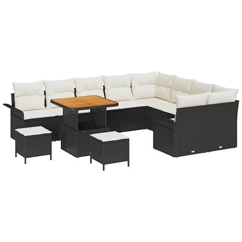 Set di Sofà da Giardino  12 Pezzi con Cuscini Nero Polyrattan Acacia, Set da Pranzo da Giardino  3 Pezzi con Cuscini Nero Polyrattan Acacia, Divano da Giardino  2-Persone con Cuscini Nero Polyrattan - Foto 1