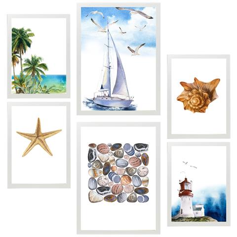 Set Di 6 Stampe Foglio Decorativo Incorniciato Con Composizione Blu Navy E Illustrazione Di Design Per La Decorazione Murale A3 & A4 Cornice Bianca - Foto 1