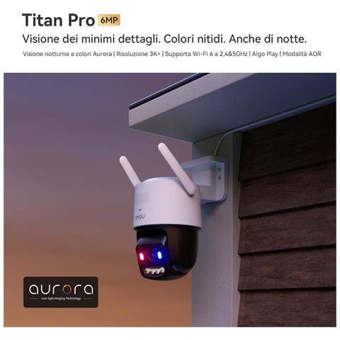 Titan Pro Telecamera da esterno, motorizzata da 6MP, Copertura a 360°, visione notturna a colori, conversazione bidirezionale, rilevamento movimento /umano, tracciamento intelligente, faretto e sirena, deterrenza attiva con luci rosse e blu, registrazione eventi continua su Micro SD fino a 512Gb - NVR o Cloud, Wi-Fi 6 a 2.4GHz, Resistente alle intemperie IP66. Certificazione GDPR. - Foto 2