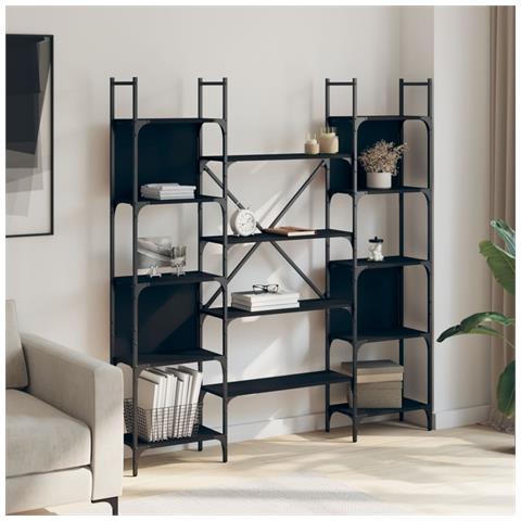 Libreria Nera 155,5x24x166,5 Cm In Legno Multistrato - Foto 3