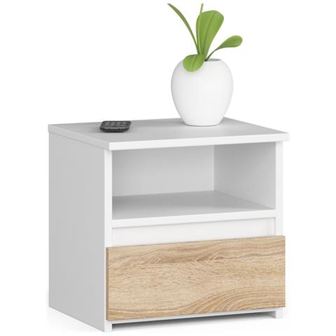 Comodino CL1, 1 cassetto, 40x35x40 cm, Colore Bianco e Sonoma Quercia - Foto 1