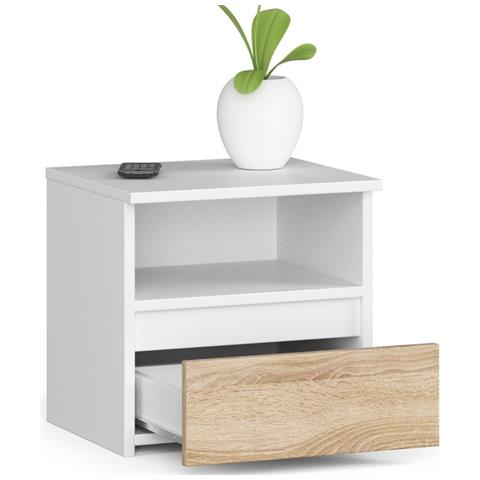 Comodino CL1, 1 cassetto, 40x35x40 cm, Colore Bianco e Sonoma Quercia - Foto 2