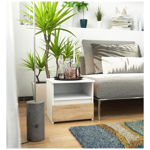 Comodino CL1, 1 cassetto, 40x35x40 cm, Colore Bianco e Sonoma Quercia - Foto 5