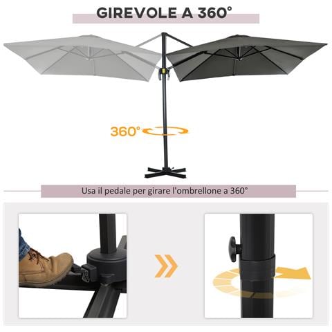 Ombrellone Da Giardino Con Angolazione Regolabile Su 5 Livelli E Rotazione A 360°, 2.5x2.5 M, Grigio - Foto 2