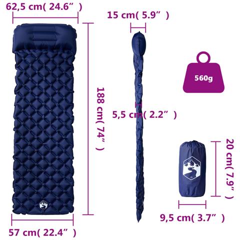 Materasso Campeggio Gonfiabile con Cuscino 1 Persona Blu Marino - Foto 6