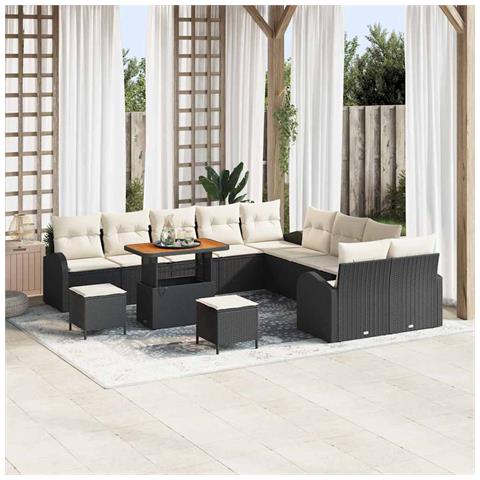 Set Divano da Giardino in 13 Pezzi con Cuscini Neri in Polyrattan di Acacia,  Divano da Giardino per Due Persone con Cuscini Neri in Polyrattan,  Set da Pranzo in Giardino in 3 Pezzi con Cuscini Neri in Polyrattan di Acacia - Foto 2