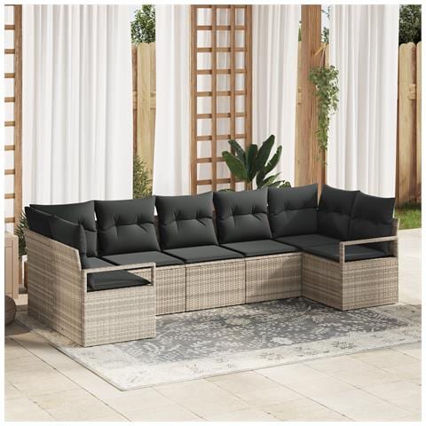 Set di Divano da Giardino 7 Pezzi con Cuscini Grigio Chiaro Rattan Polietilene - Foto 2