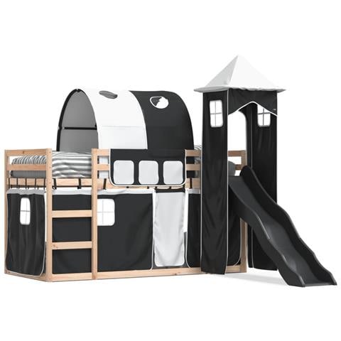 Letto a Castello con Scivolo e Tende Bianco e Nero 80x200 cm - Foto 1