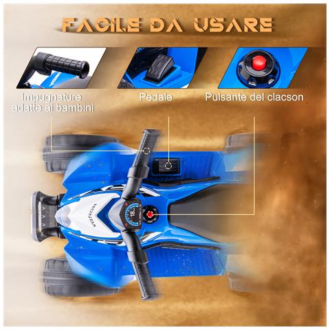 Quad Elettrico per Bambini 18-36 Mesi con Luci LED, Clacson e Pedali, 65.5x38.5x43.5 cm, Blu - Foto 2