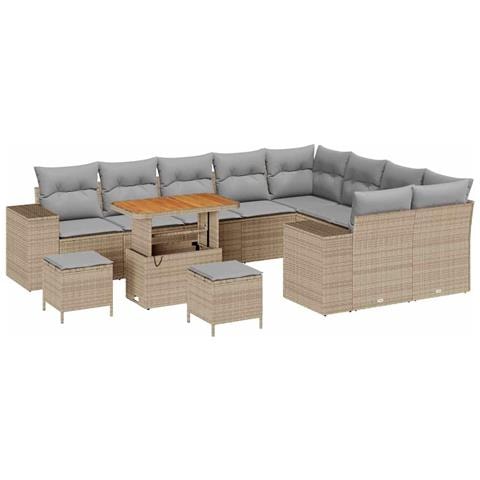 Set di Sofà da Giardino  12 Pezzi con Cuscini Rattan Beige Poli Rattan Acacia, Set da Pranzo da Giardino  3 Pezzi con Cuscini Rattan Beige Poli Rattan Acacia - Foto 1