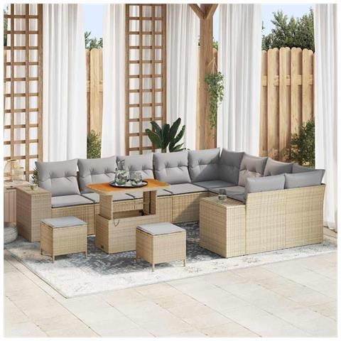 Set di Sofà da Giardino  12 Pezzi con Cuscini Rattan Beige Poli Rattan Acacia, Set da Pranzo da Giardino  3 Pezzi con Cuscini Rattan Beige Poli Rattan Acacia - Foto 2