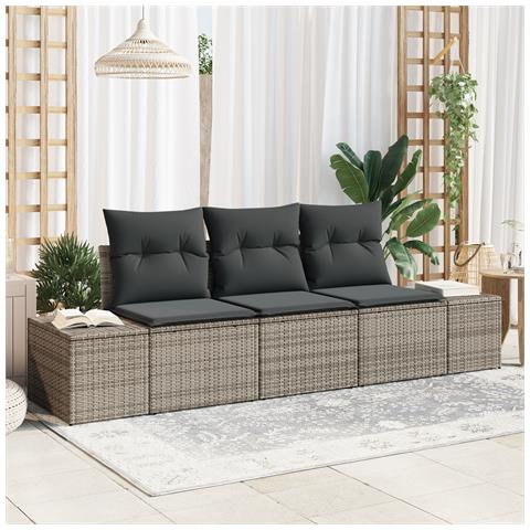 Set divano da giardino 3 pezzi con cuscini grigio polyrattan - Foto 2