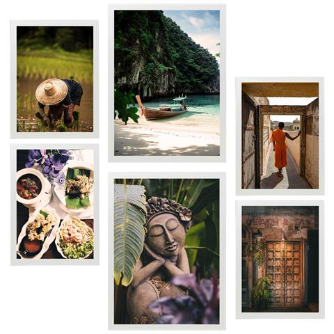 Set Di 6 Stampe Dipinto Decorativo Autunno Nelle Risaie Della Thailandia Buddismo E Cultura Incorniciato Con Illustrazioni Per Le Pareti A3 & A4 Cornice Bianca - Foto 1