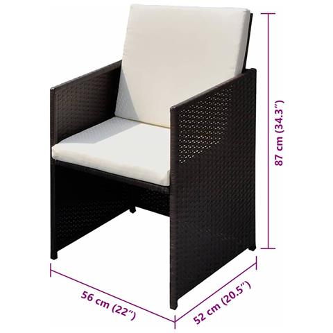 Sedie da giardino 3 pcs Marrone 56 x 52 x 87 cm Poly Rattan - Foto 3