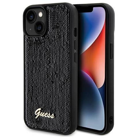 Guess Sequin Script Custodia Metallica Per Iphone 14 / 15 / 13 - Nera - Foto 1