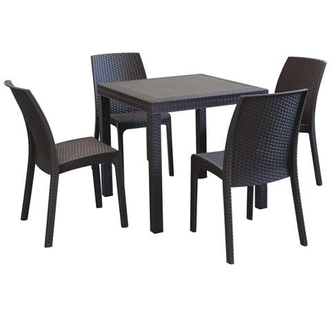 Set Tavolo Da Giardino Quadrato Fisso Cm 80 X 80 Con 4 Sedie In Wicker Stampato Marrone Da Esterno Giardino - Foto 1