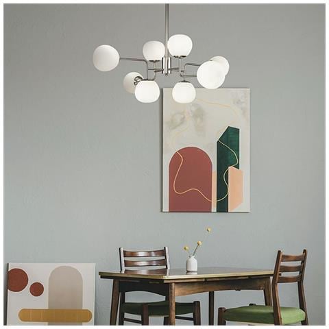Lampadario Sospensione Erich In Metallo Nichel 8 Luci E Diffusori Bianchi - Foto 4