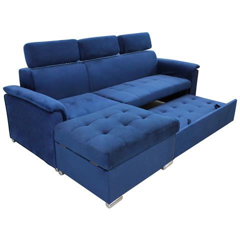 Divano Letto Con Penisola A Contenitore E Poggiatesta Regolabili Tessuto Blu Boston - Foto 2