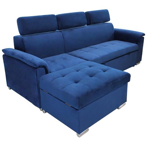 Divano Letto Con Penisola A Contenitore E Poggiatesta Regolabili Tessuto Blu Boston - Foto 1