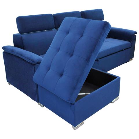 Divano Letto Con Penisola A Contenitore E Poggiatesta Regolabili Tessuto Blu Boston - Foto 4