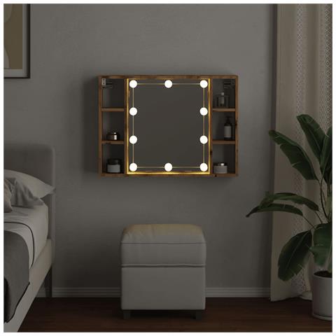 Mobile a Specchio LED Rovere Artigianale 76x15x55cm Multistrato - Foto 2
