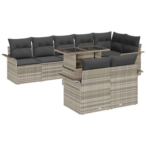 Set Divano da Giardino 9 Pezzi con Cuscini Rattan Polyrattan Grigio Chiaro, Divano Giardino 2 Posti con Ripostiglio e Cuscini Rattan Polyrattan Grigio Chiaro - Foto 1