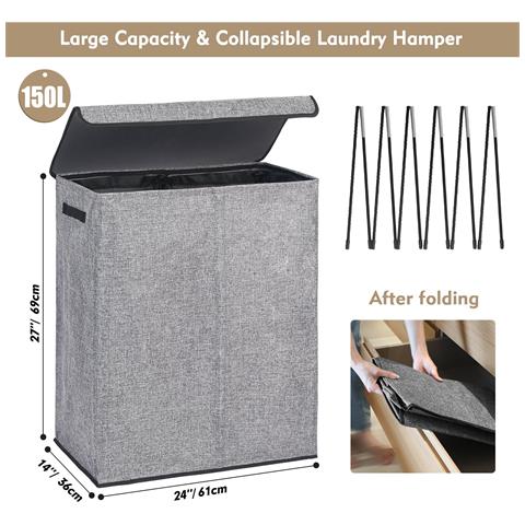 Cesto Portabiancheria 150l Doppio Pieghevole Con Coperchio Sacchi Rimovibili Grigio - Foto 2