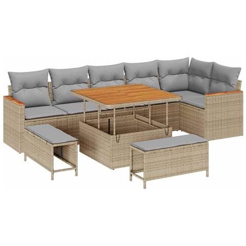 Set Divano da Giardino con cuscino 9 pcs Beige Poly Rattan - Foto 1