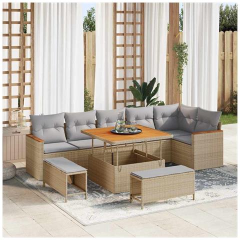 Set Divano da Giardino con cuscino 9 pcs Beige Poly Rattan - Foto 2