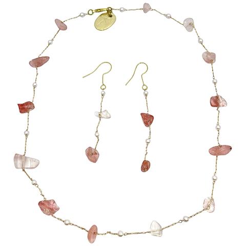 Set Di Collana E Orecchini In Quarzo Rosa Naturale Irregolare - Foto 1