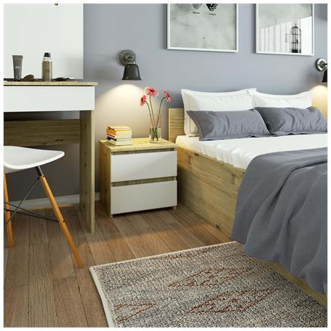 Comodino CL2, 2 cassetti, 40x35x40 cm, Colore Quercia Artisan e Bianco - Foto 4