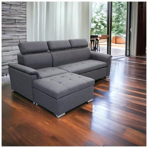 Divano Letto Con Penisola A Contenitore E Poggiatesta Regolabili Tessuto Grigio Scuro Boston - Foto 1