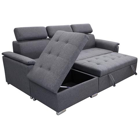 Divano Letto Con Penisola A Contenitore E Poggiatesta Regolabili Tessuto Grigio Scuro Boston - Foto 5