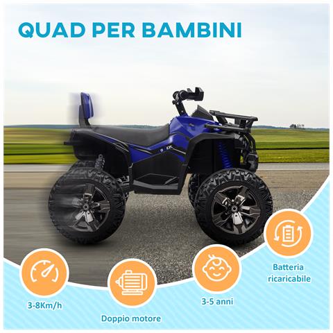 Quad Elettrico per Bambini 3-5 Anni a 12V con Fari e Pedale, in PP e Metallo 100x65x73 cm, Blu - Foto 6